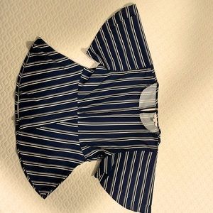 Navy blue and white line solid printed round neck flutter sleeves top